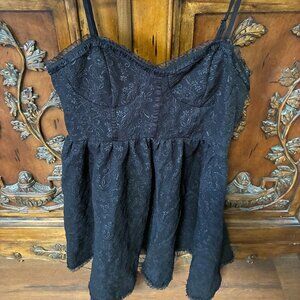 Women's Black Babydoll A-Line Mini Dress Large Textured Floral Whimsigoth Y2K.